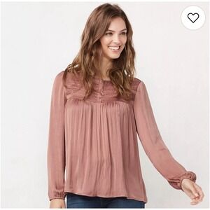 Lauren Conrad Women's LG Victorian Lace Blouse Top Mauve Pink Satin Long Sleeve